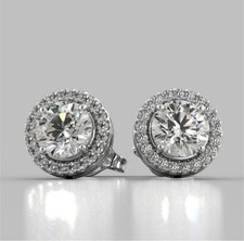 4 Ct Halo Round Cut FL/D Lab Created Stud Earrings 14K White Gold 8mm Push Back