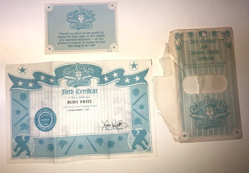 Vintage Cabbage Patch Doll Birth Certificate Adoption Papers Burt Fritz Sept 1st