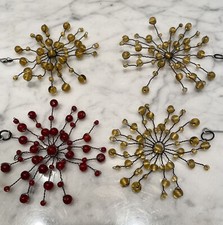 4 Vintage Glass Bead Snowflake Ornaments 1 Red 3 Gold Retro Christmas Decor