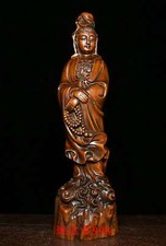 8" Old Chinese Buddhism Boxwood Wood Carved Stand GuanYin Kwan-yin Buddha Statue