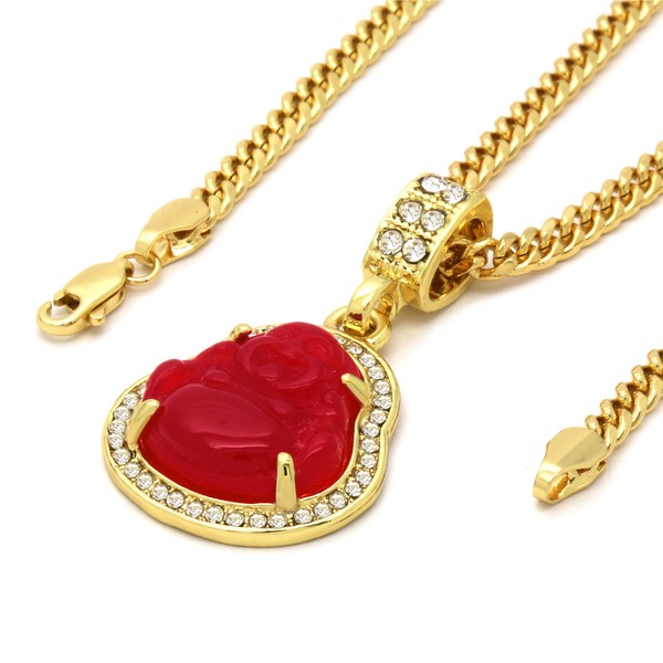 Alternate view of 14k Gold Plated Red Jade Buddha Pendant Cubic-zirconia Cuban Chain 24" 27" 30"