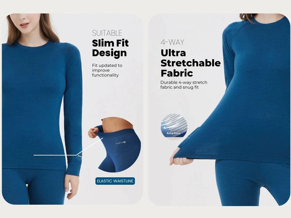 Womens 100% Merino Wool Base Layer Set Winter Thermal Underwear Top Long Johns - Image 3 of 4