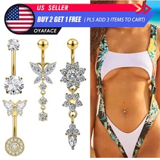 4PC Surgical Steel Belly Button Rings CZ Navel Ring Dangle Barbell for Women 14G