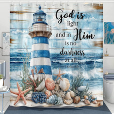 Nautical Lighthouse Shower Curtain for Bathroom, Blue Ocean Coastal Beach Bible