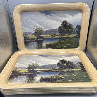 Lot of 7 Frederick D Ogden Landscape 1960s Graphic Print Metal Serving Lap Tray