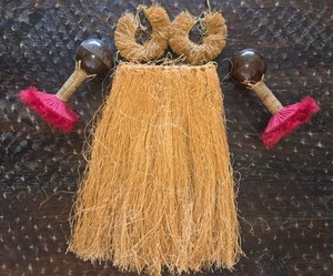 Vintage 1950s Hawaiian Hula Grass Skirt, 2-Anklets  2-Uli Uli Rare 