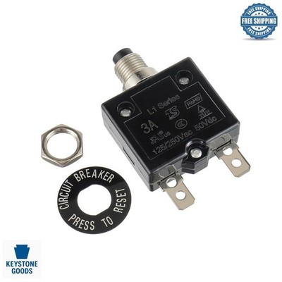 Huwrew 3A Push Button Circuit Breaker 125/250V AC, 50V DC, Manual Reset, Ther...