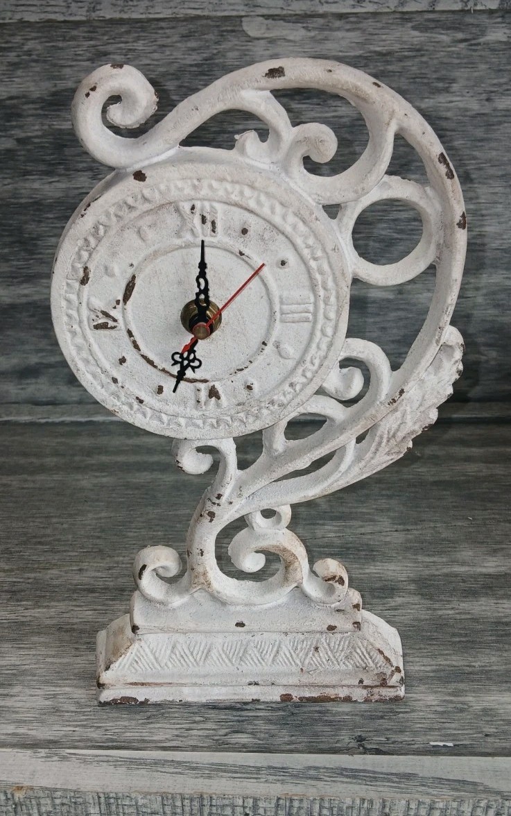 Distressed White Cast Iron Table Clock Vintage Style Farmhouse Shabby Chic