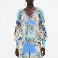 Camilla Views Of Vesuvius Blouse Size Small S Shirred Cuff Silk Blue Shirt Top