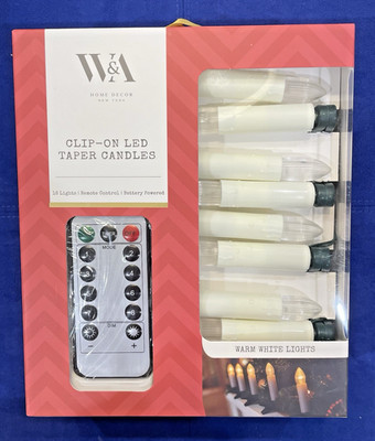 W&A Clip-On LED Taper Candles 16 WHITE Christmas Lights String w/Remote NIB