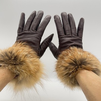 CARA By GATES Genuine Red Fox Fur & Dark Brown Leather Gloves Size Not Accurate