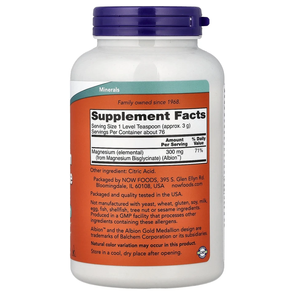 Bisglicinato de magnesio en polvo Now Foods 8 oz 227 g calidad GMP asegurada, vegano, Foto 2 de 4