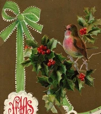 c1908 Xmas Greetings House Postcard Bird Holly Berries Gold Back Round Ribbon