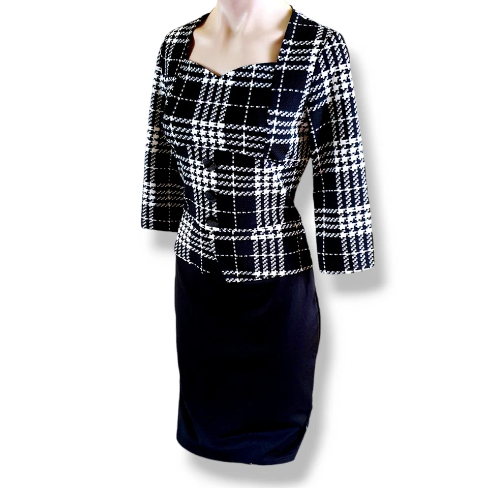 1990's Inspired black + white plaid, 3/4 sleeve, knee length dress fits AU 10-12 - Image 2 of 4