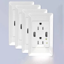 4.2A USB Outlets Wall Receptacles LED Night Lights Tamper Resistant w/Plate 4Pcs