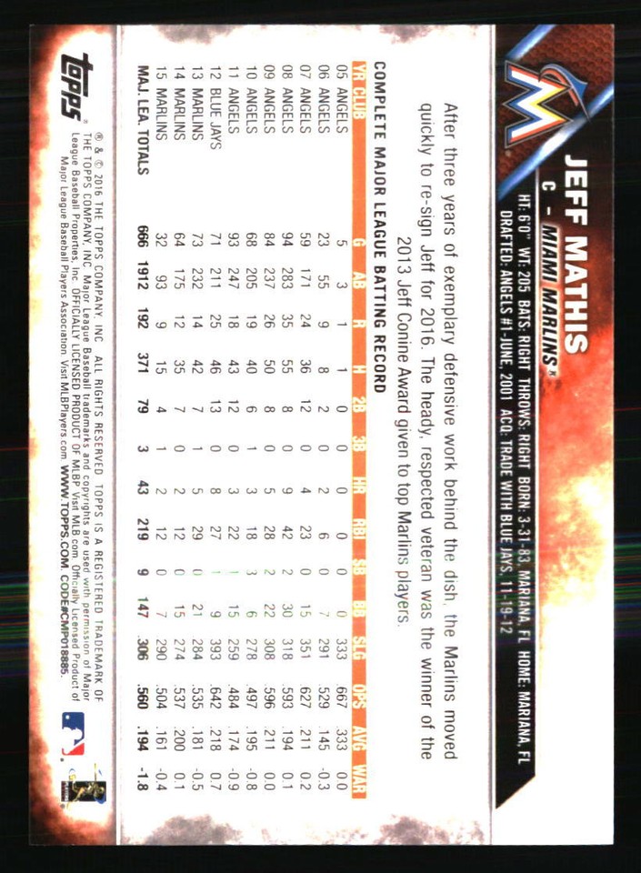 Jeff Mathis 2016 Topps #378 BASEBALL Card | eBay