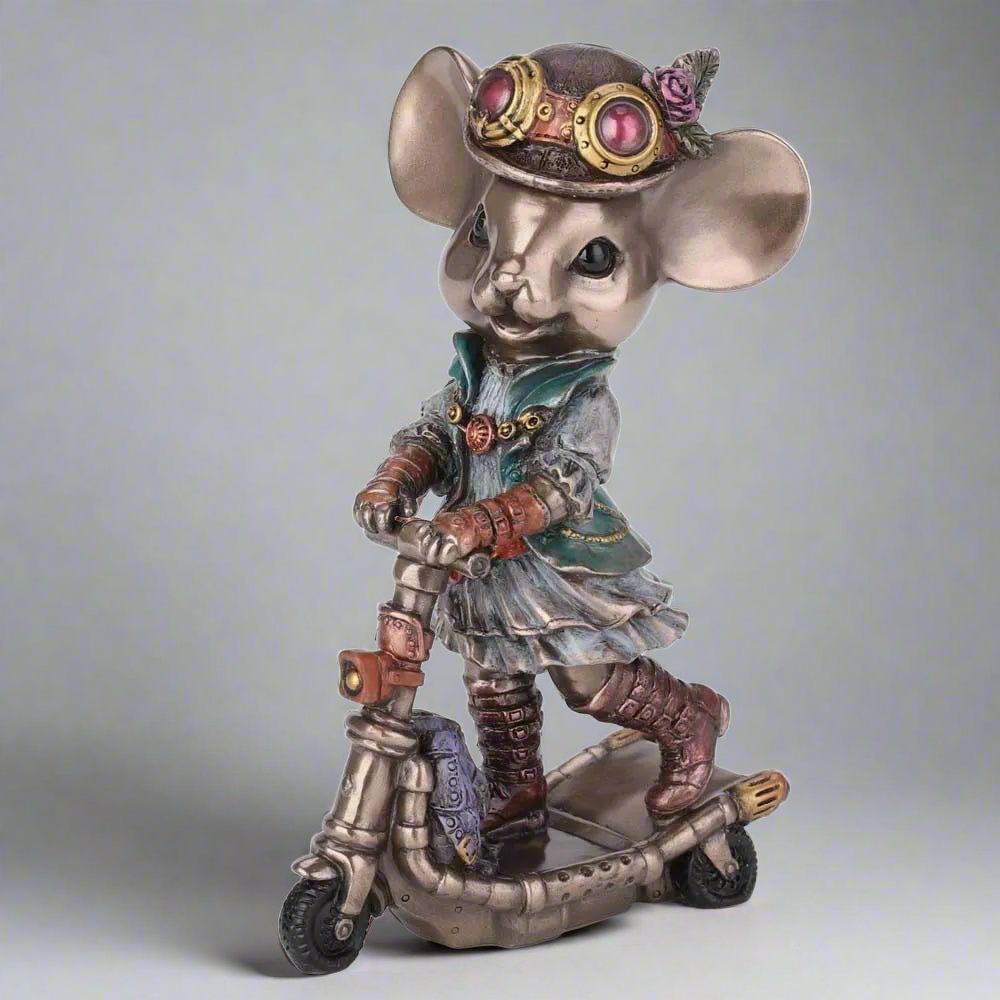 Victorian Steampunk Mouse Figurine - Scooter Rider Decor Statue