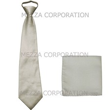 New formal men's pre-tied ready knot necktie  hankie set polyester solid silver