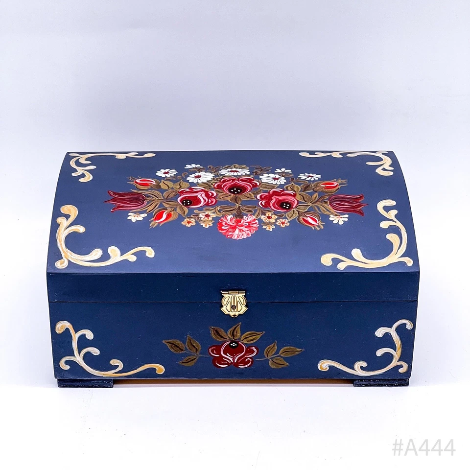 Vintage Truhe aus Holz mit floralem Dekor, handgemalt Blau | 26x17cm - Bild 4 von 4