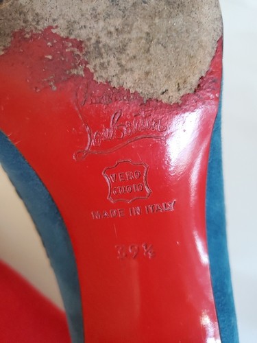 Christian Louboutin Teal Suede Gold Trim Mid High Heel Pumps W Bag 39.5 US 8.5 - Picture 11 of 23