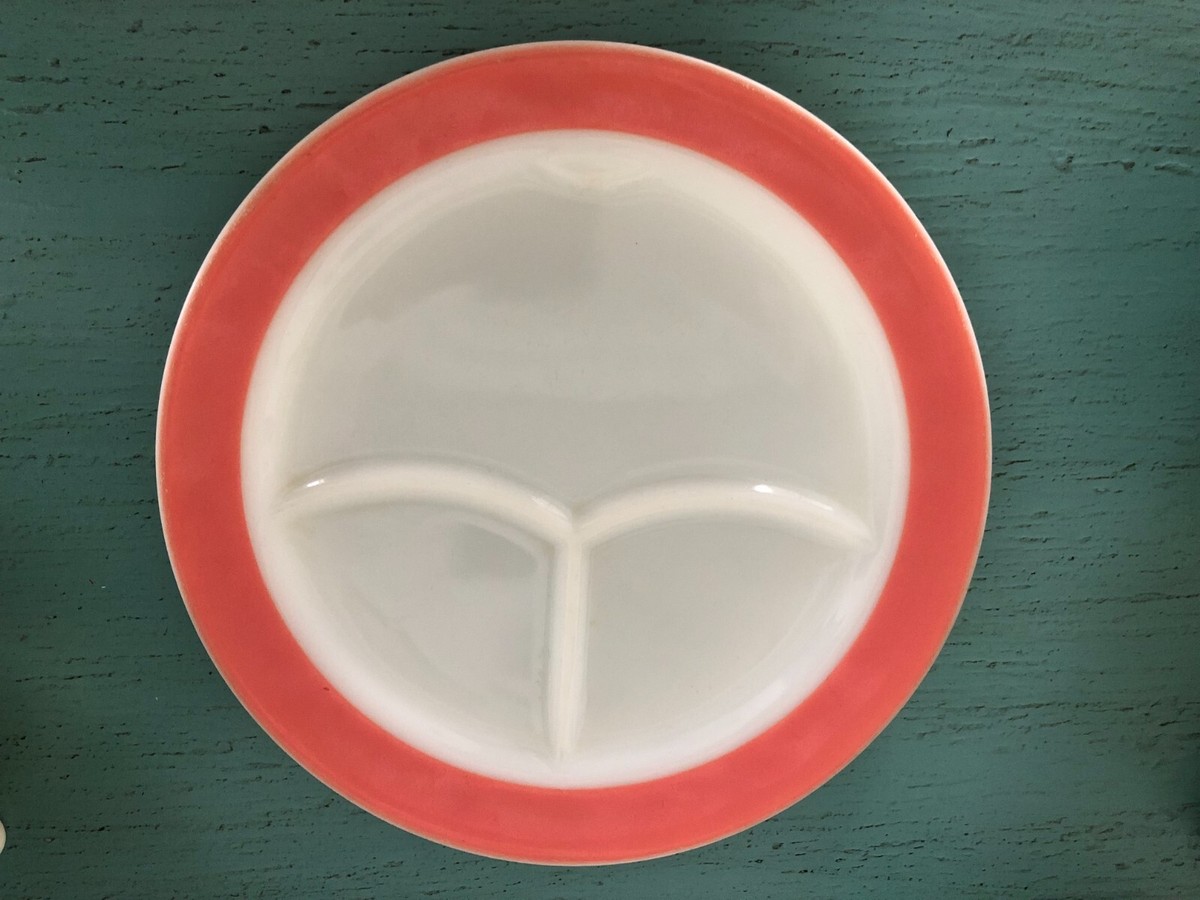 Vintage Pyrex Corning Milk Glass Divided Dinner Plate Pink Border