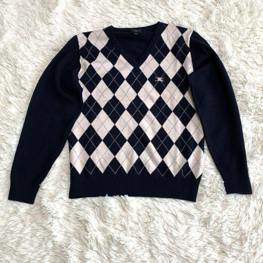 Burberry Argyle Knit Sweater Wool 100 Navy Pink Size M - Excellent Condition