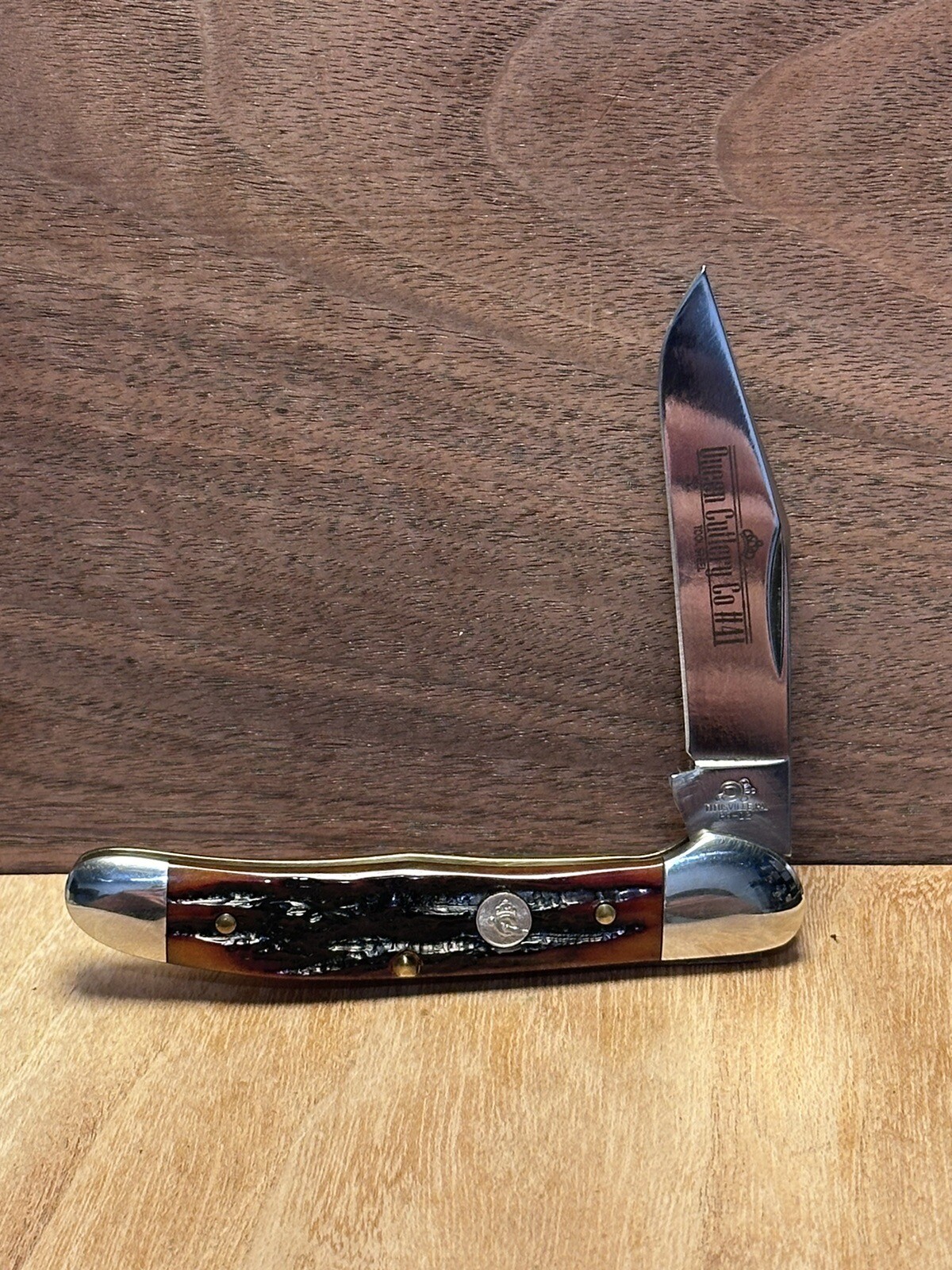 QUEEN TOOL STEEL 41 COPPERHEAD KNIFE, PH D2 AMBER STAG/BONE eBay