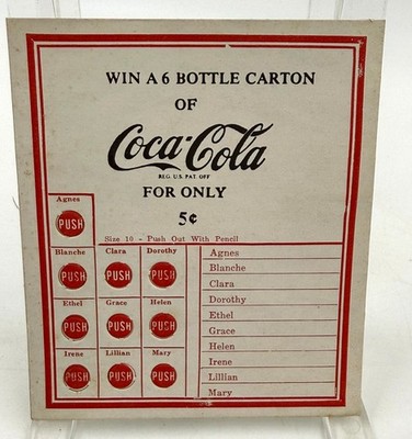 MINT Coca Cola Game Promotion ''Win A 6 Bottle Carton'' Push Card 1940s