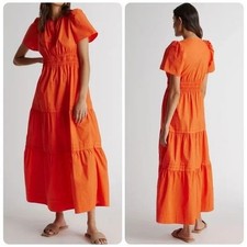 Quince 100% Organic Cotton Poplin Tiered Maxi Dress Size S Vermilion Red