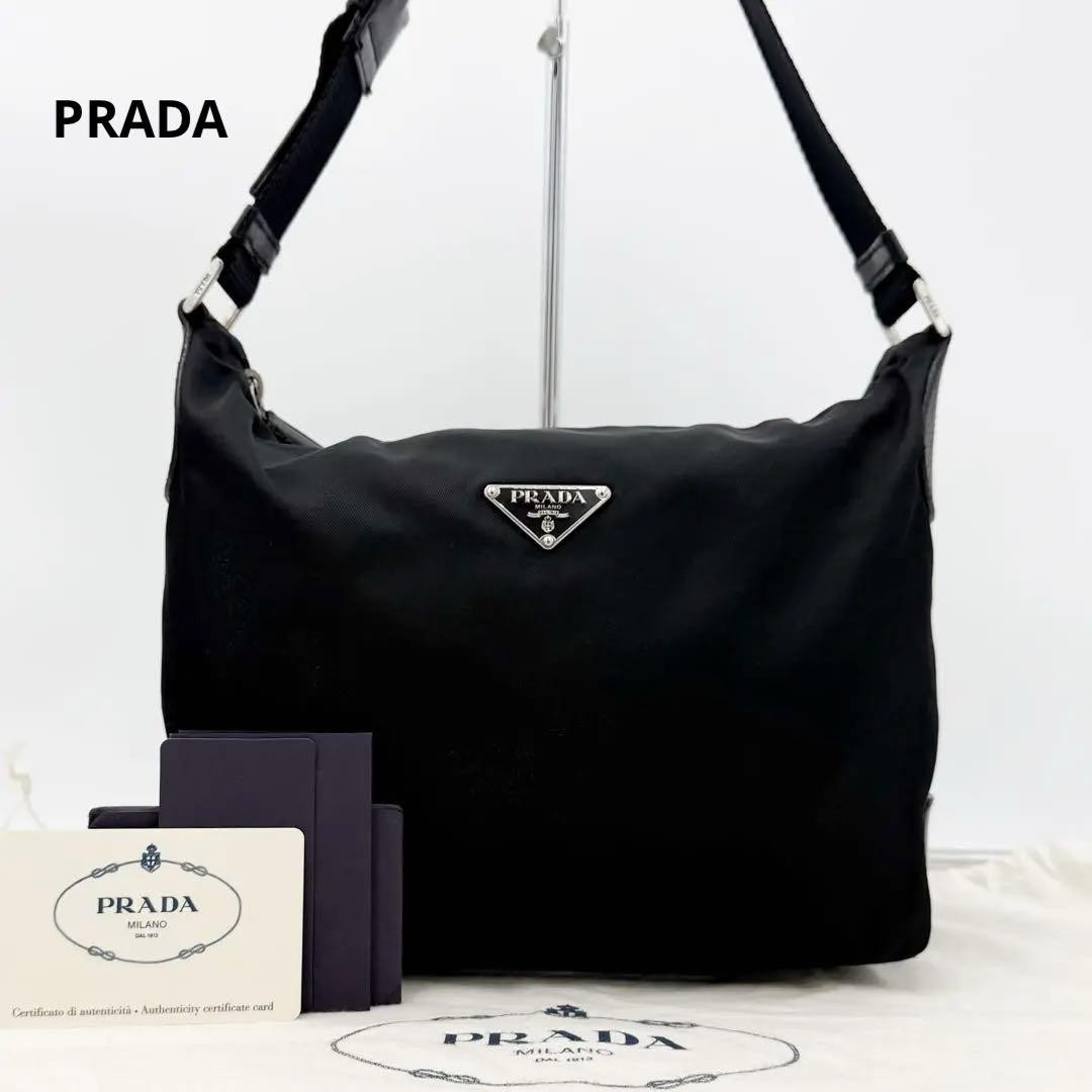 Authentic PRADA Black Nylon One Shoulder Bag with Triangle Logo