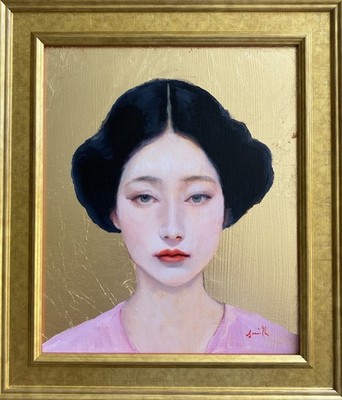 Original Ölgemälde - Klimt Stil Asiatische Frau Portrait mit Blattgold. Gerahmt.