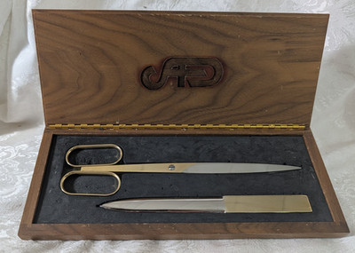 Desk Set Letter Opener & Scissors Solingen Germany  Walnut Box