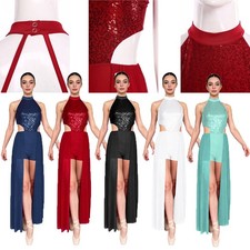 Womens Dancewear Prom Dance Dress Costumes Bodysuit Backless Sequined Top Mesh