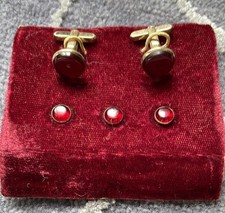 Vintage Faux Ruby  Gold Tone Cuff Link  3 Matching Shirt Studs