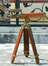 Nautical Antique Double Barrel Brass Telescope With Wooden Tripod Stand D cor