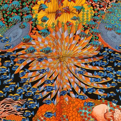 Unused HERMES Carre 90 Rencontre Oceane Fish vintage Silk Scarf