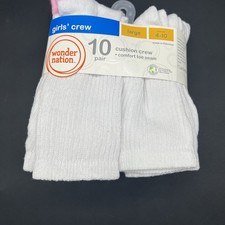 Wonder Nation Girls Crew Socks 10 Pair White Cushion Comfort Size Large 4-10
