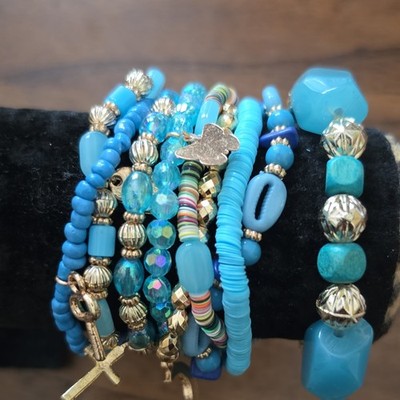 Blue Gold Beaded Stack Bracelet Set Dangle Charm Round Beads Metal
