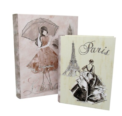 Set 2 Punch Studio Book Boxes London Paris Pastel Fashion 13883 M/L Silver Foil