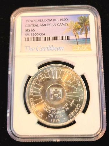 1974 DOMINICAN REPUBLIC SILVER 1 PESO CENTRAL AMERICAN GAMES NGC MS 65 GEM BU