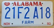 Alabama 1993 CONECUH COUNTY FARM License Plate # 21F2A18