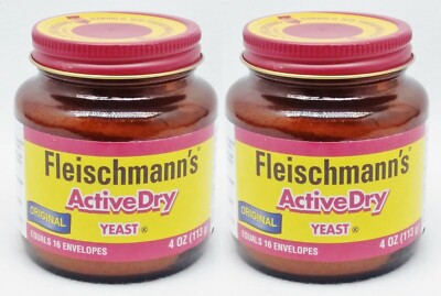 2 Fleischmann's ActiveDry ORIGINAL Yeast for Baking Bread Red 4 oz ea Glass Jar 