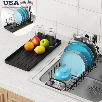 Expandable Dish Drying Rack Over Sink W/ Silicone Mat & Cutlery Holder Black New