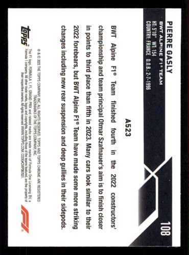 2023 Topps Chrome Formula 1 #108 Pierre Gasly CAR - Picture 2 of 2