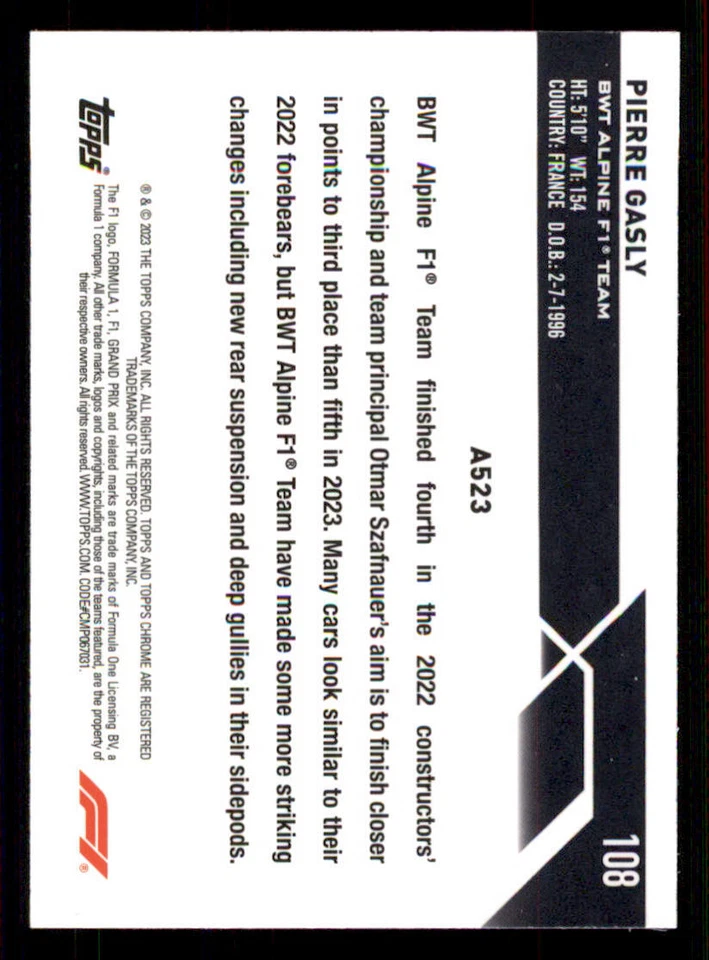 2023 Topps Chrome Formula 1 #108 Pierre Gasly CAR - Image 2 of 2