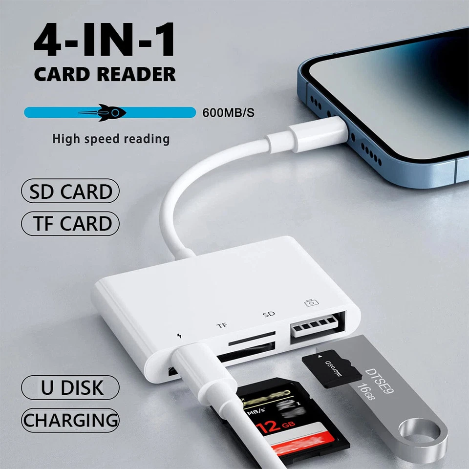 4in1 USB/Micro SD/TF Card Reader for Samsung iPhone iPad Adapter w Charging Port - Image 3 of 4