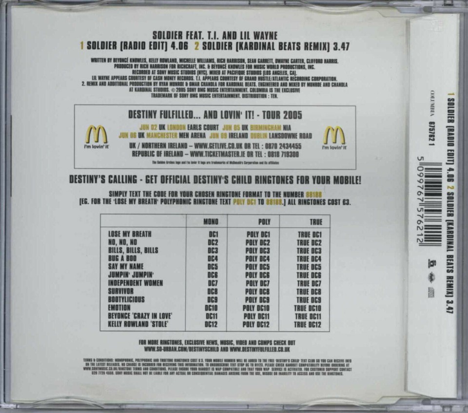 DESTINY'S CHILD SOLDIER (FEAT. T.I. & LIL WAYNE) 2005 UK CD1 BEYONCE