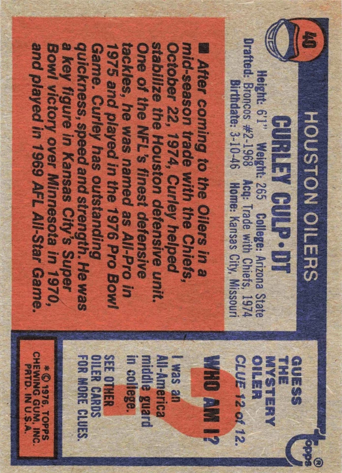 1976 Topps Football Curley Culp (All Pro) Houston Oilers #40 - Image 2 of 2
