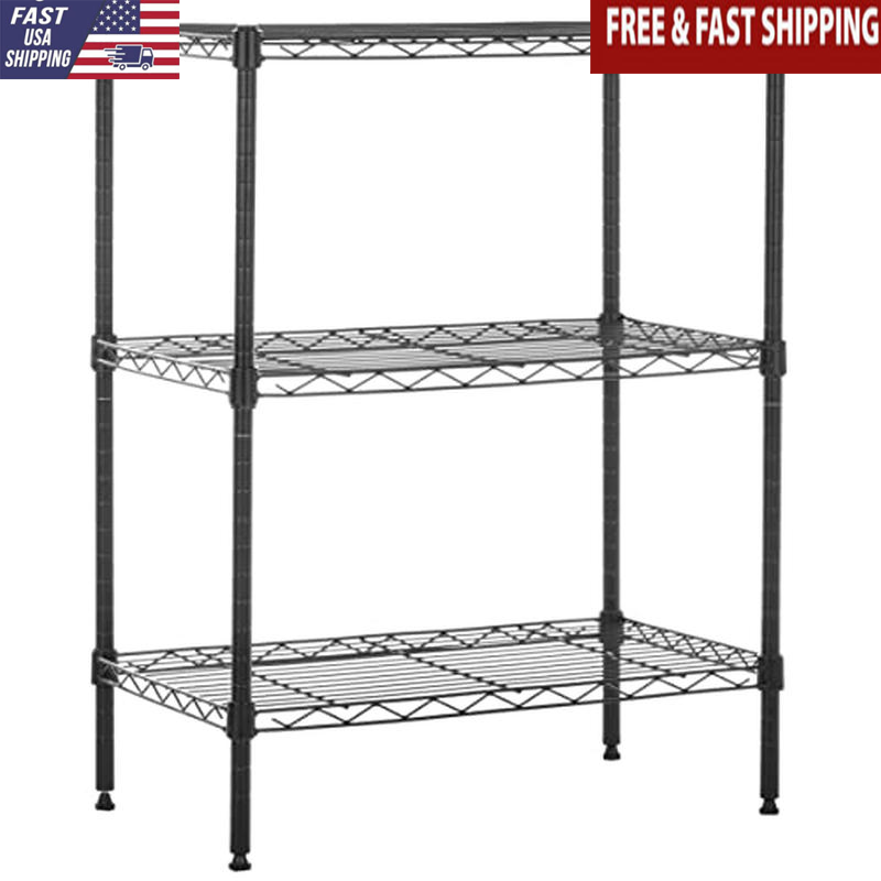Heavy Duty Adjustable Steel Wire Rack 3-Shelf Storage Organizer Shelving Black