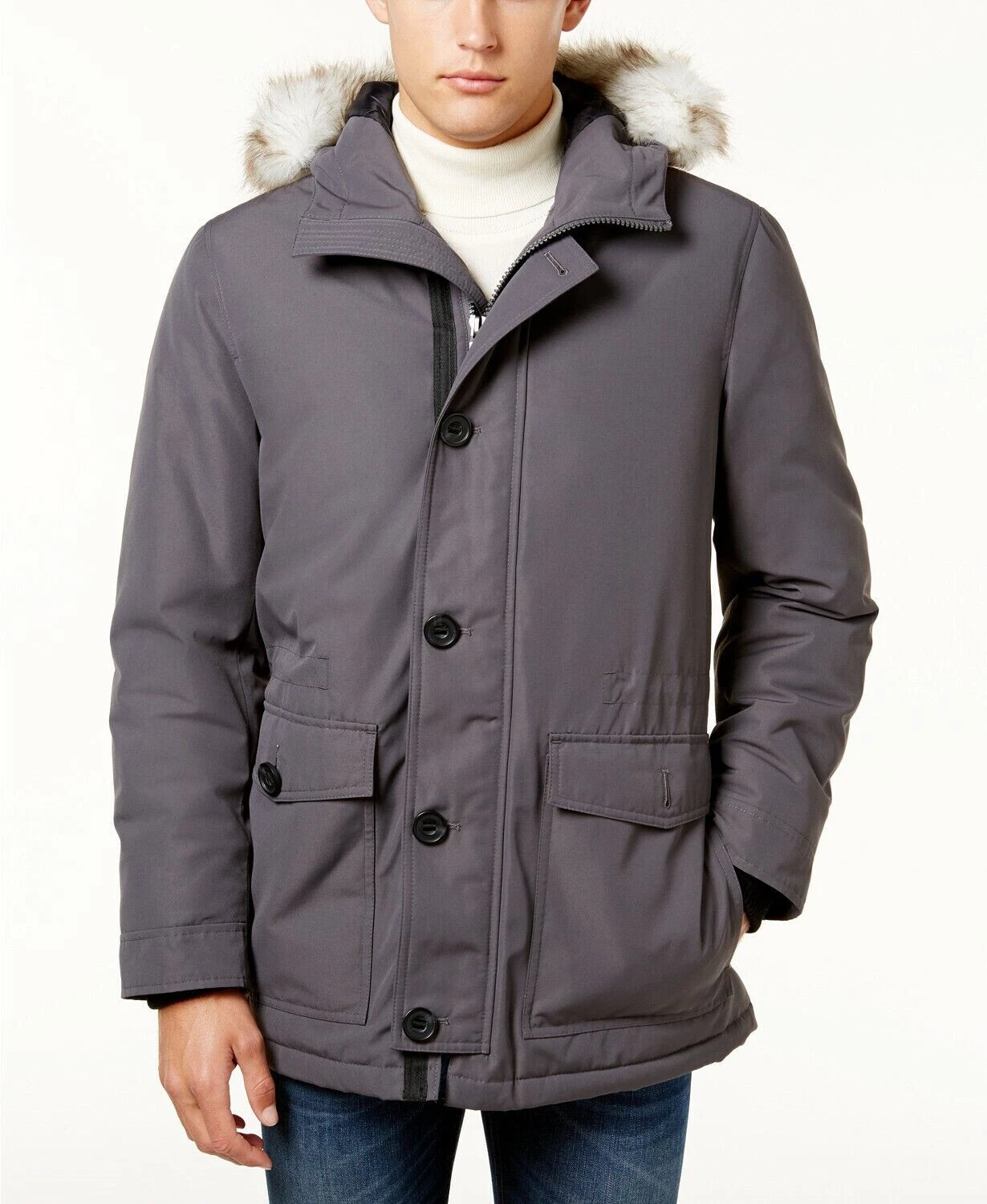 $149 ALFANI FAUX FUR HOODED INSULATED PARKA JACKET, CHARCOAL, L